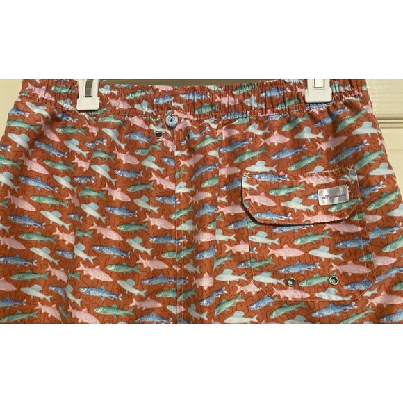 PETER MILLAR SEASIDE Mens L Pink Blue Fish Print Mesh Lined Swim Trunks Shorts - Picture 4 of 8